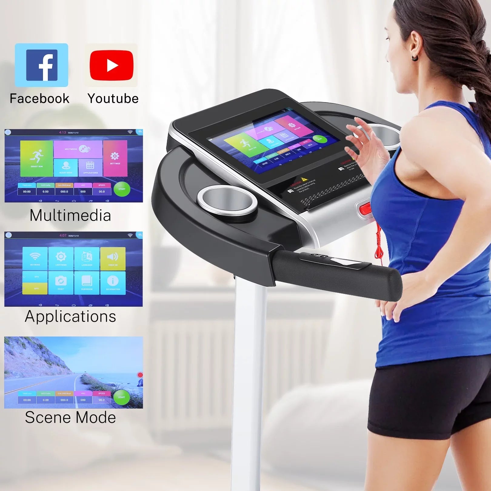 Tikmboex 3.25HP Folding Treadmill with 10" HD TV Movie Touchscreen, Incline Running Machine Easy to Install for Family Office Use, Silver