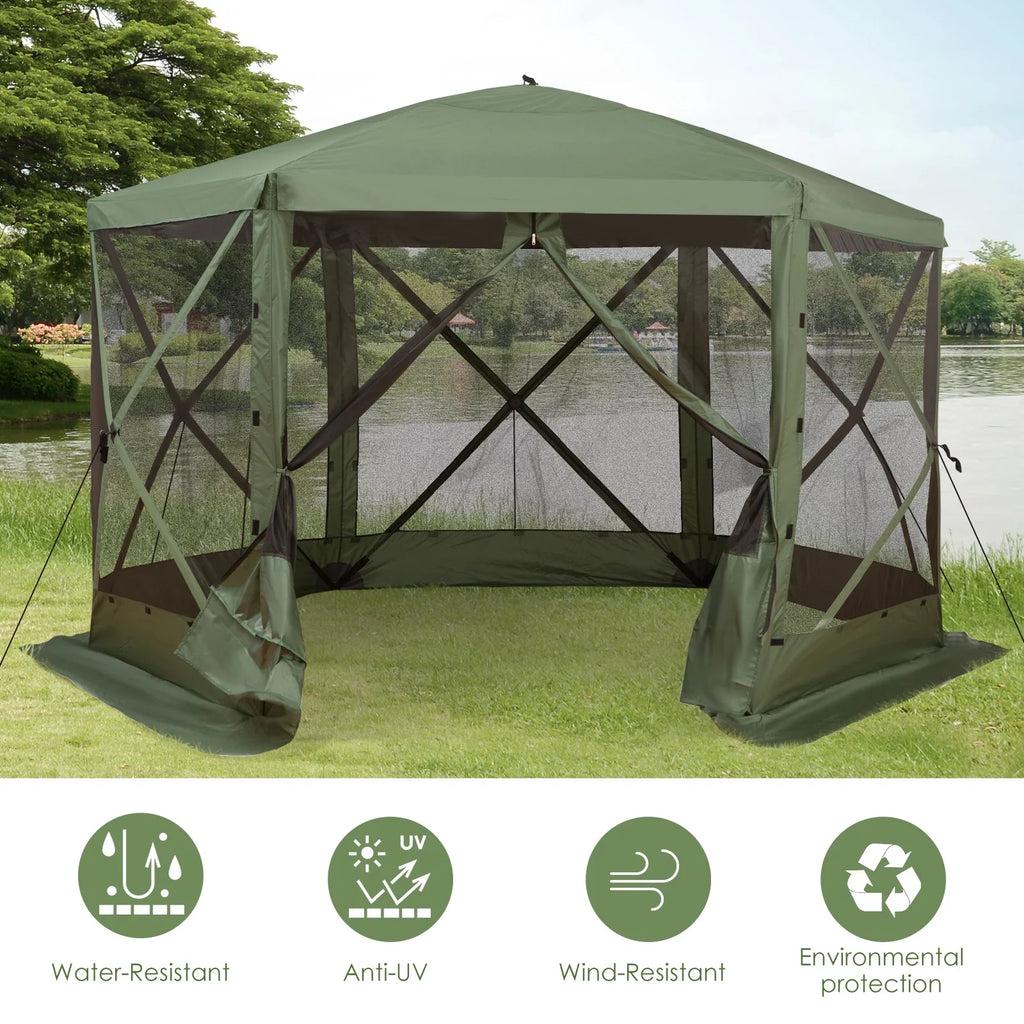 Outsunny 12' x 12' Hexagon Screen House, Pop Up Tent Portable Gazebo Canopy Shelter with Mesh Netting Walls, Carry Bag and Shaded Interior, Green
