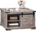 HOOBRO Farmhouse Coffee Table for Living Room with Single Sliding Barn Door Lift Top and Hidden Space Gray BG80KF01