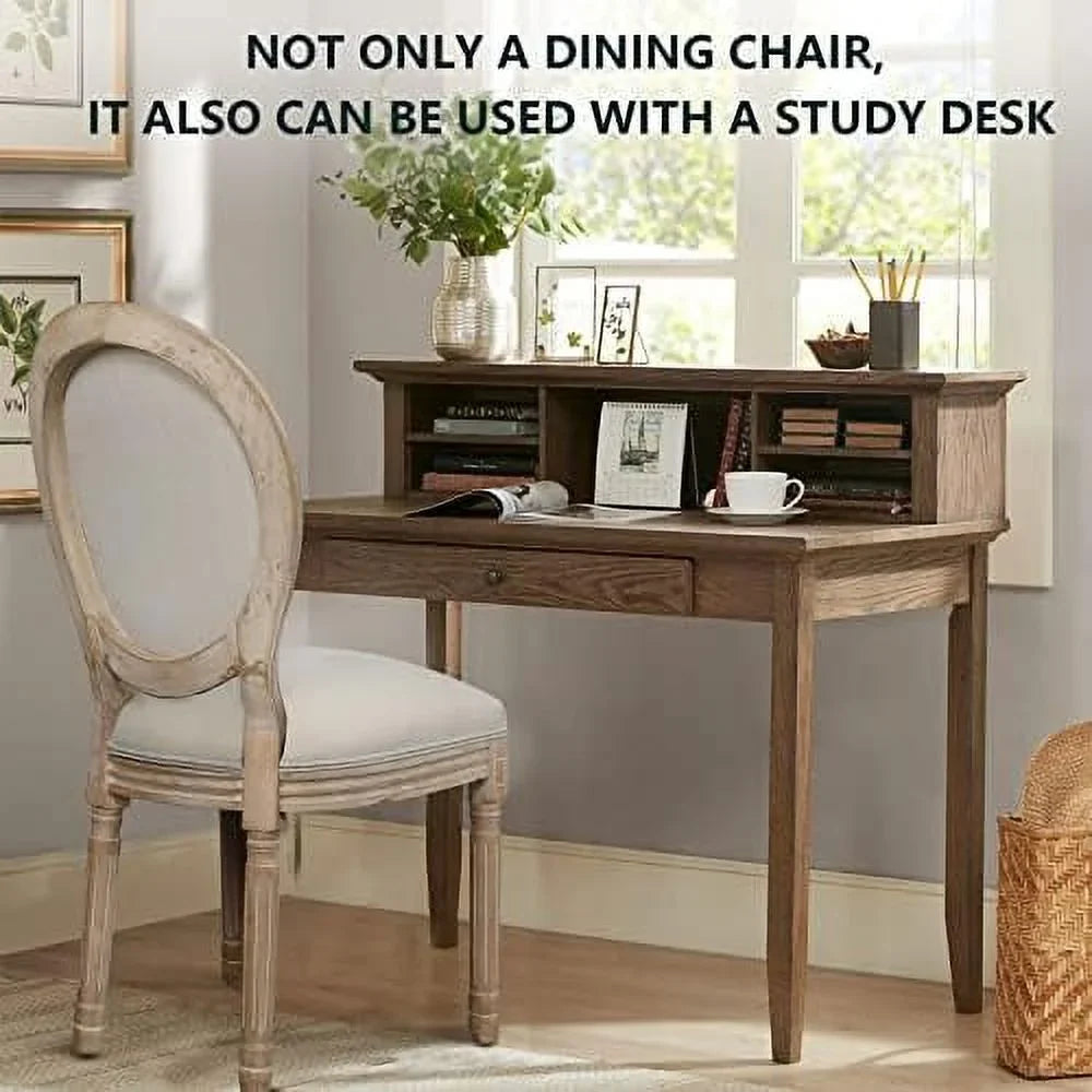 MQLIFEBOOM French Dining Chair Linen Fabric Upholstered Farmhouse Dining Chairs with Oval Backrest Vintage Solid Wood Dining Chairs for Kitchen Restaurant Dining Room