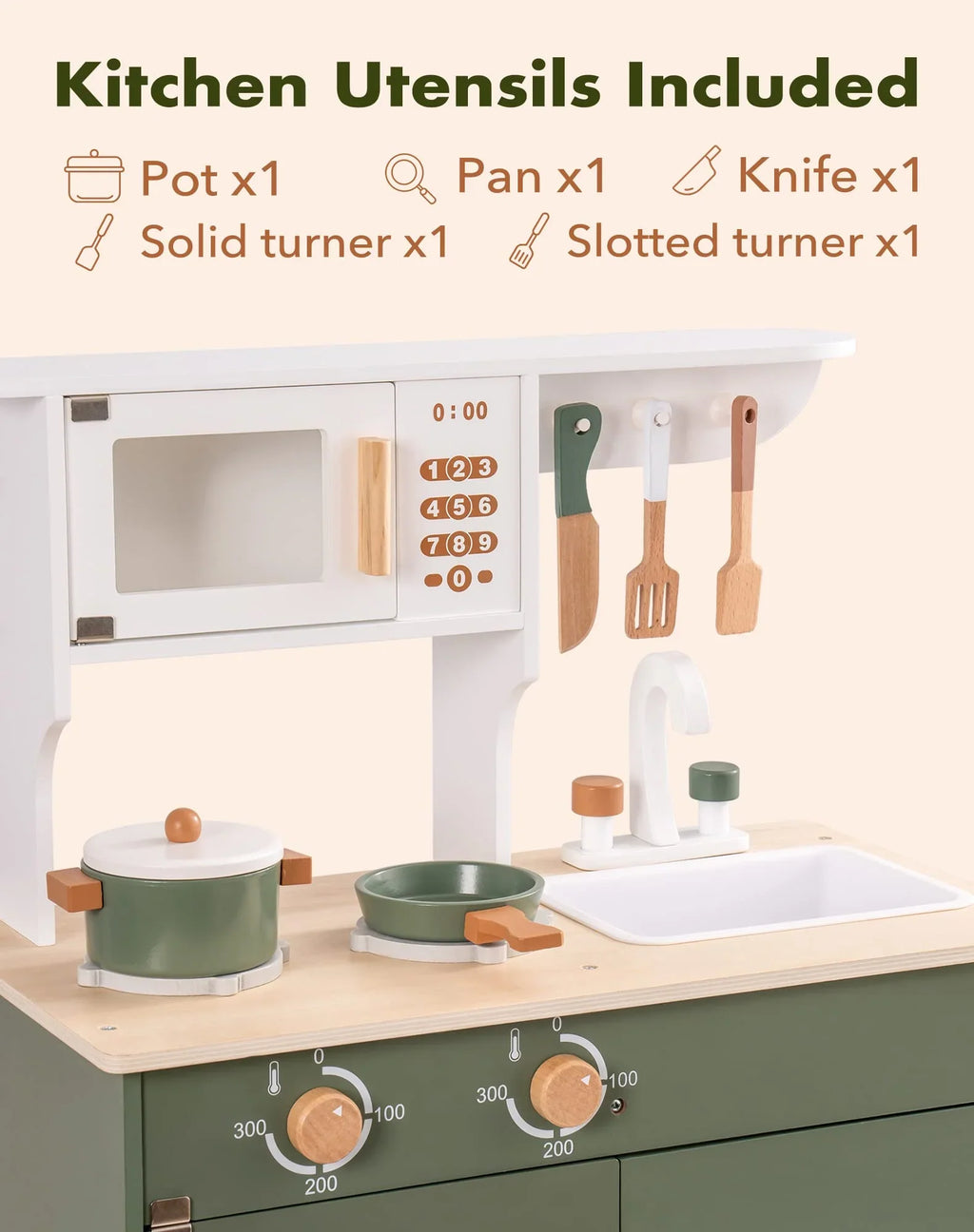 Robud Kids Kitchen Play Set with Ice Maker for Toddler, Pretend Playset Wooden Toy for Kids Age 3+ ,Vintage Green