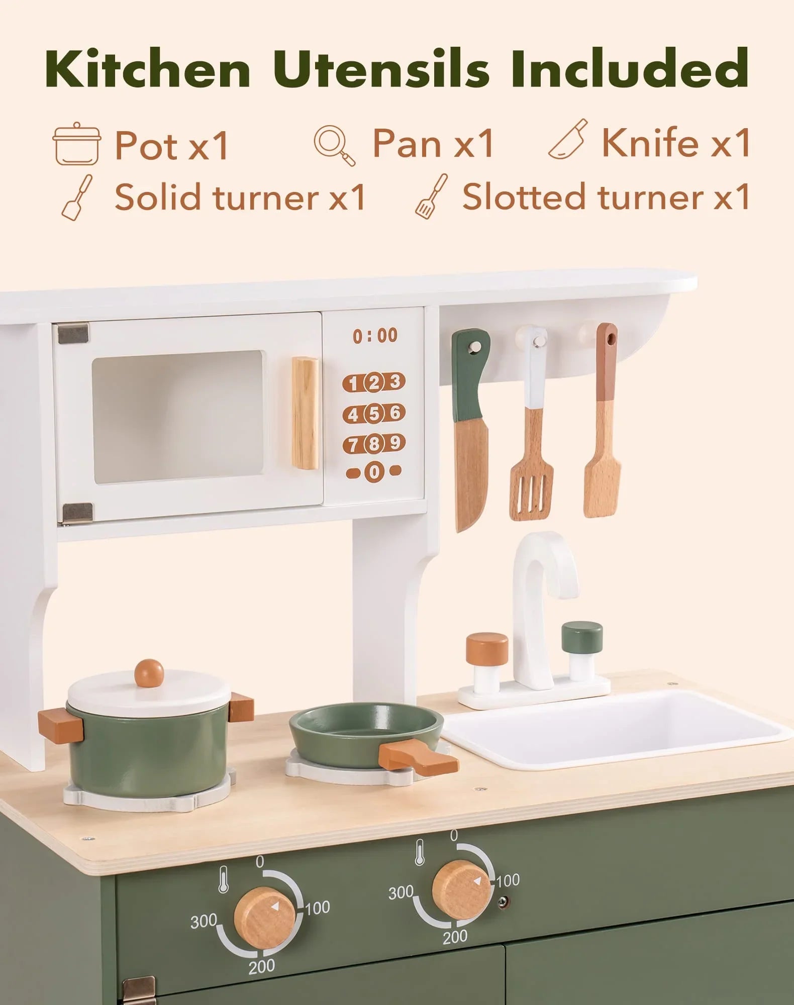 Robud Kids Kitchen Play Set with Ice Maker for Toddler, Pretend Playset Wooden Toy for Kids Age 3+ ,Vintage Green
