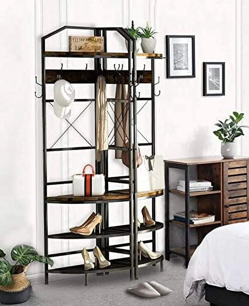 MQLIFEBOOM 3-in-1 Entryway Coat Rack Industrial Hall Tree Corner Cloth Rack with Bench Hallway Coat and Shoe Rack for Corner Entryway Organizer with Metal Shoe for Hallway Corner Ent