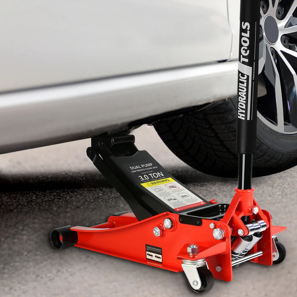 Low Profile Floor Jack, Seizeen 3 Ton(6600 lbs) Trolley Jack Dual Lift Pump, Quick Lift 3-3/10" - 18-4/20", Heavy-Duty Steel Jack with 45''L Extended Handle, Car Jack w/Wheels, Rubber Saddle, Red