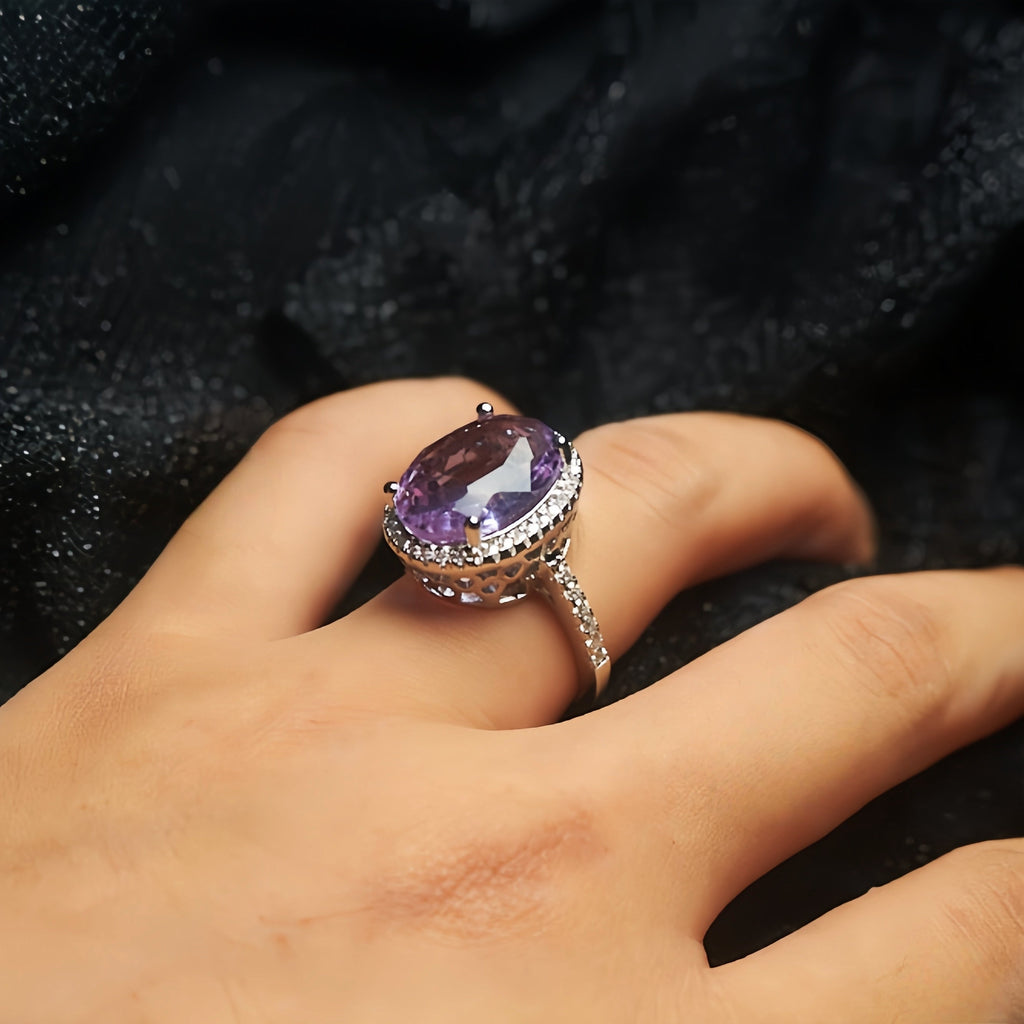 Oval Light Purple Amethyst CZ Single Halo Filigree Ring For Women, Copper Plated Silver Paved White Crystal Vintage Wedding Cocktail Statement Jewelry Gift